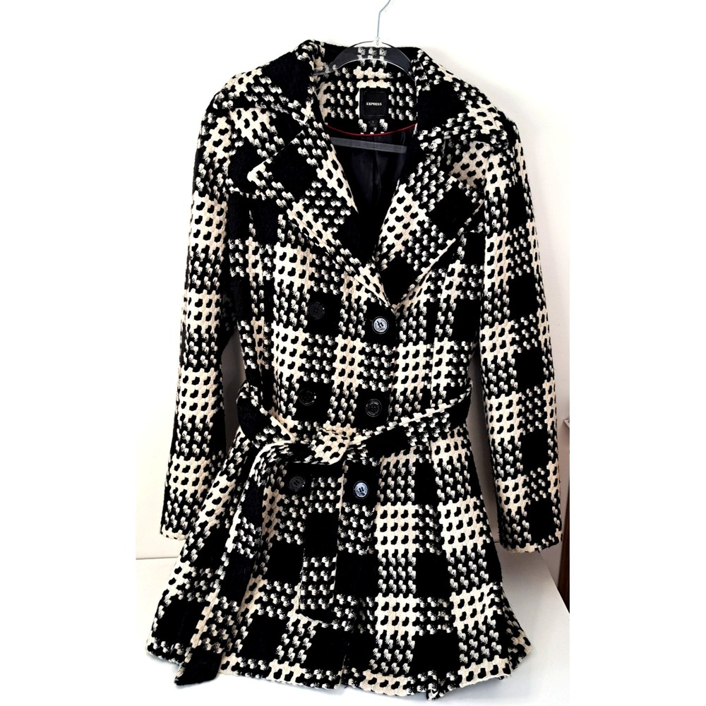 Express Plaid‎ Wool Blend Tweed Belted Trench Coat Womens L Black Ivory Lined